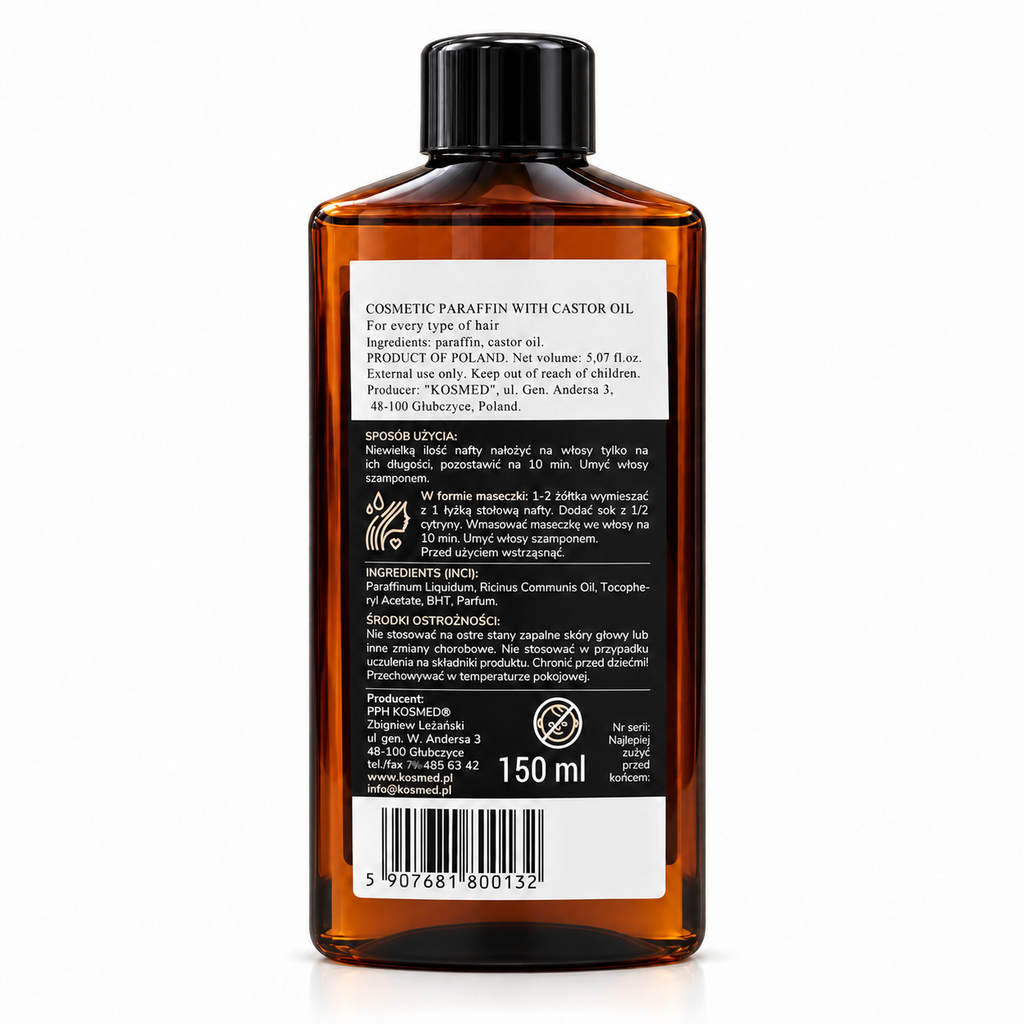 Kosmed Cosmetic Paraffin with Castor Oil Hair Treatment 150 ml, back-label studio hero view on white background