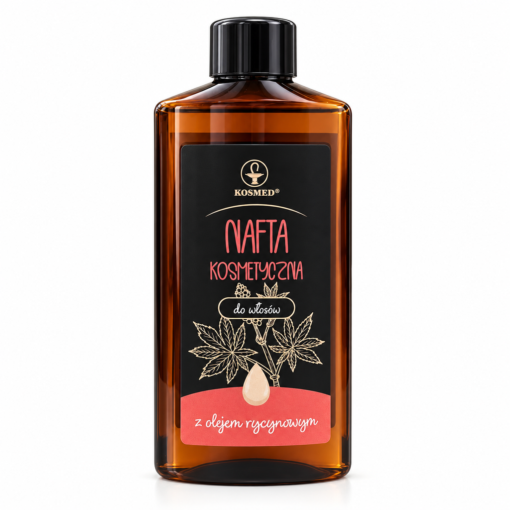 Kosmed cosmetic paraffin hair treatment with castor oil 150 ml, front view on white background