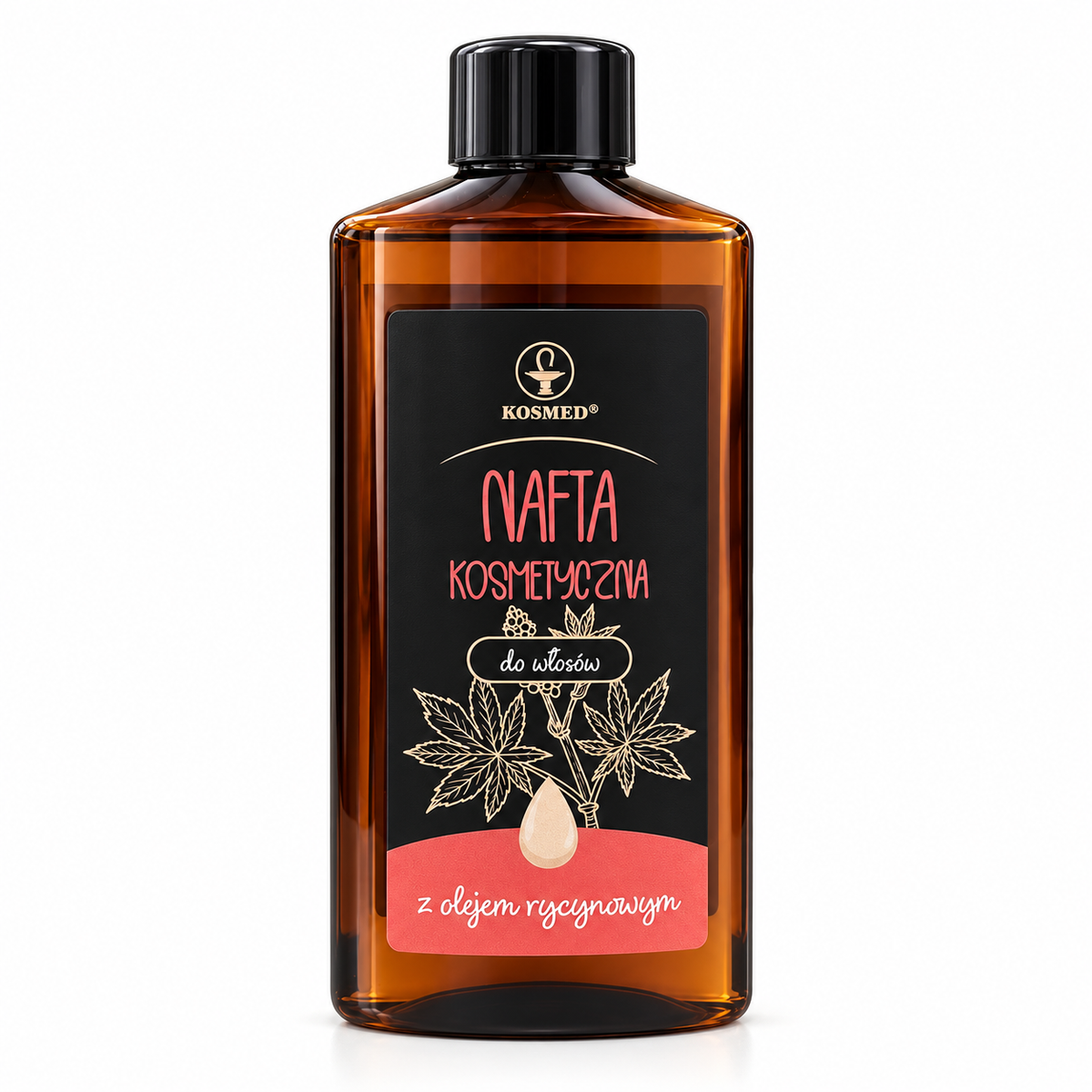 Kosmed cosmetic paraffin hair treatment with castor oil 150 ml, front view on white background