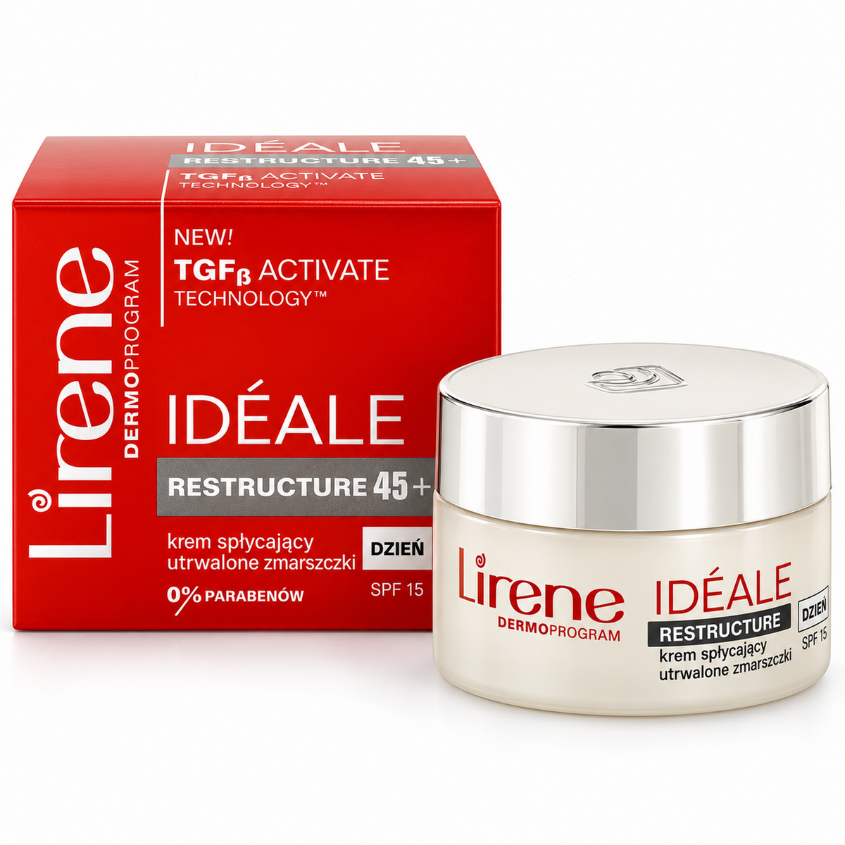 Lirene Ideale Restructure 45+ Anti-Wrinkle Day Cream SPF 15 50 ml — studio hero photo on white