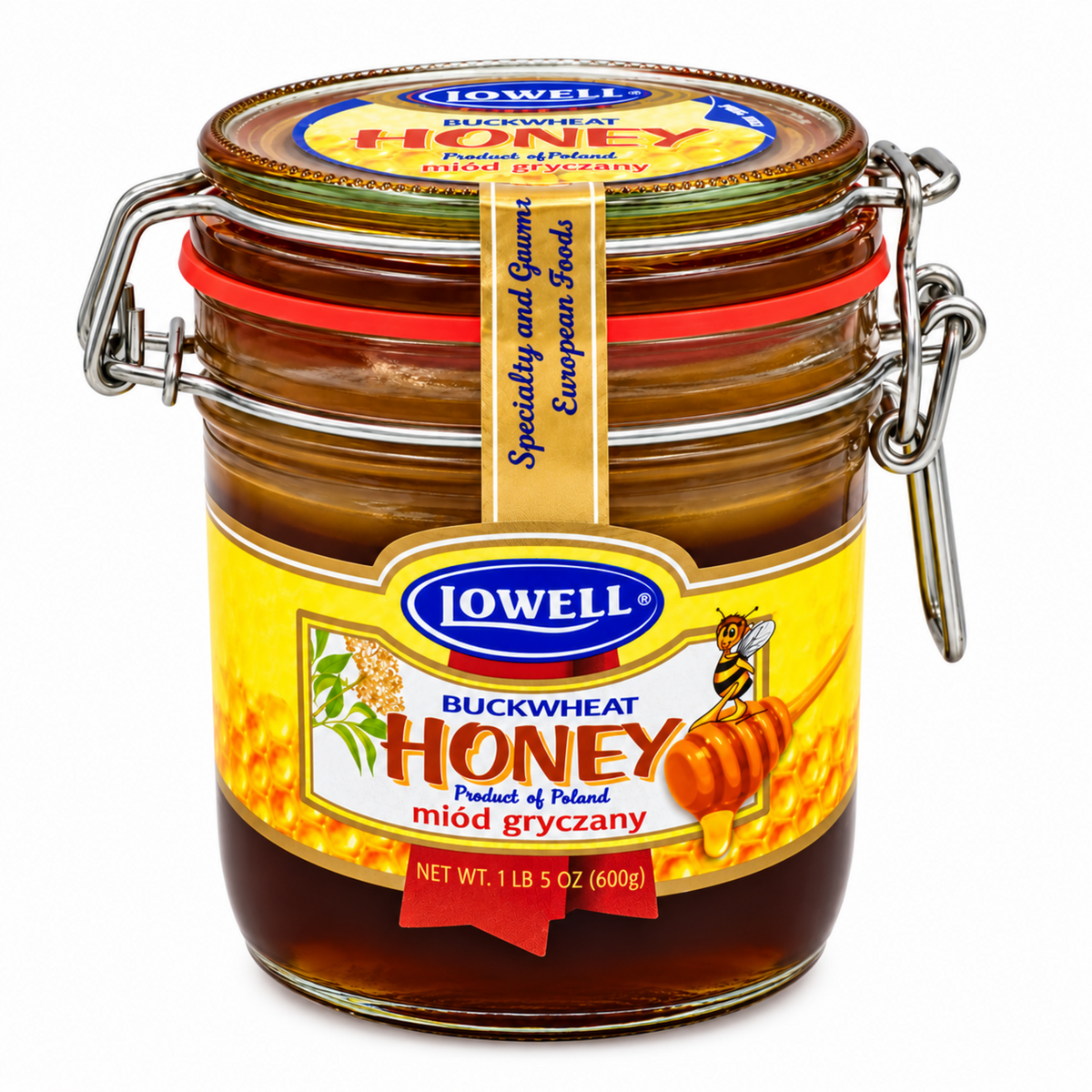 Lowell raw buckwheat honey, 600 g, glass jar with clasp | Miód gryczany Lowell, 600 g, szklany słoik z klamrą