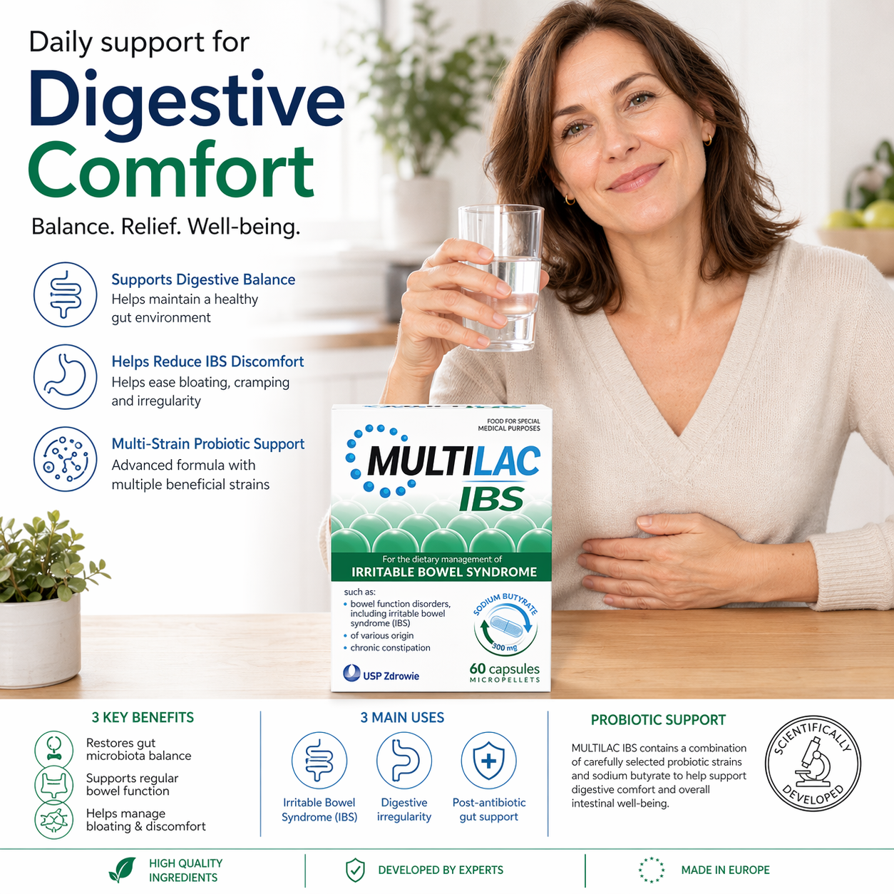 Multilac IBS 300mg Sodium Butyrate Capsules 60 Count Gut Health IBS Support Microencapsulated Formula