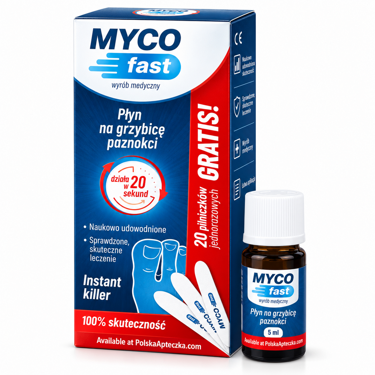 MYCOfast nail fungus liquid 5 ml amber bottle, blue and red carton and disposable nail files / MYCOfast płyn na grzybicę paznokci 5 ml, butelka, kartonik i jednorazowe pilniczki