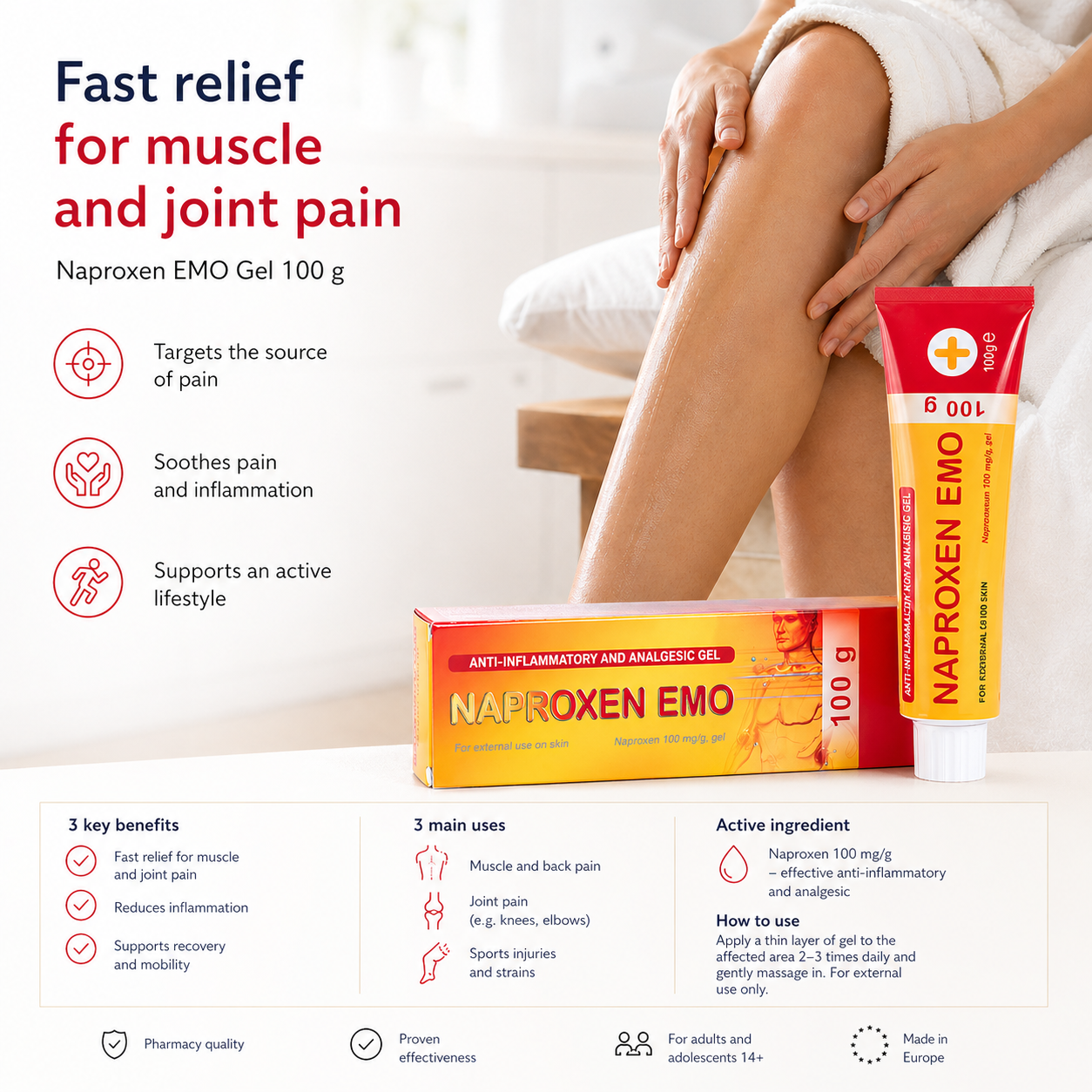 Naproxen EMO gel 10 percent 100g muscle joint pain relief lifestyle en