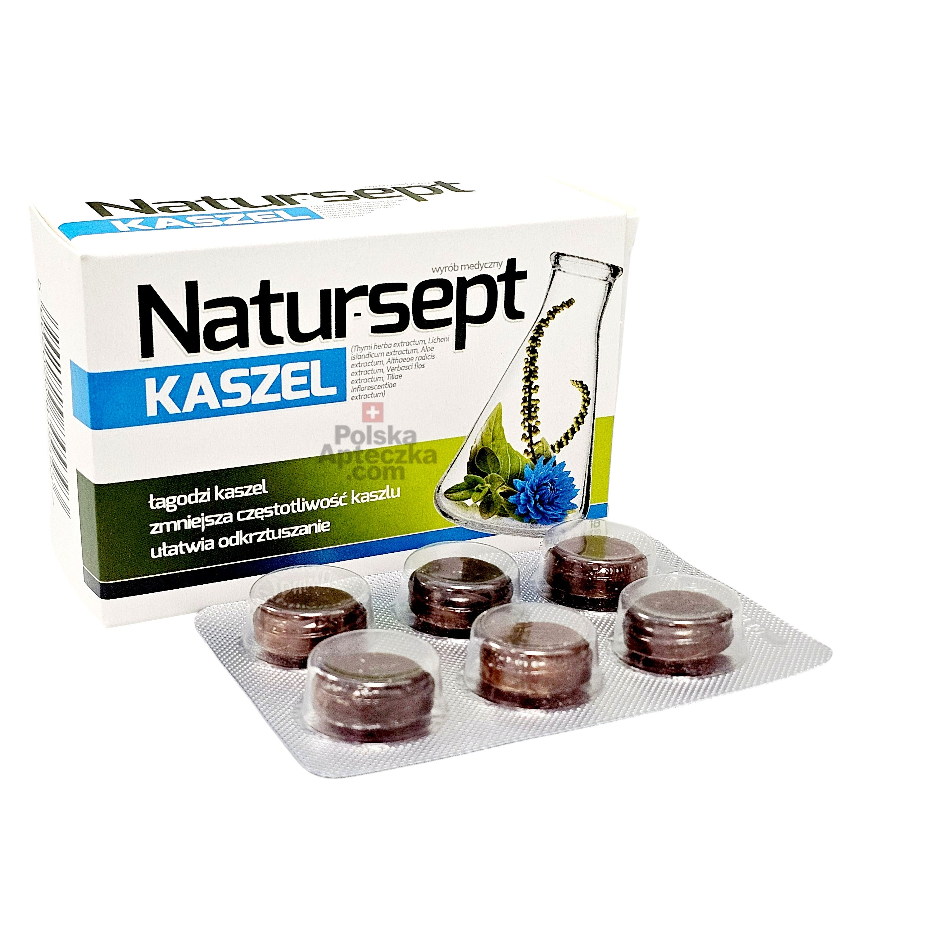 Natursept Kaszel packaging with blister pack of capsules on a white background