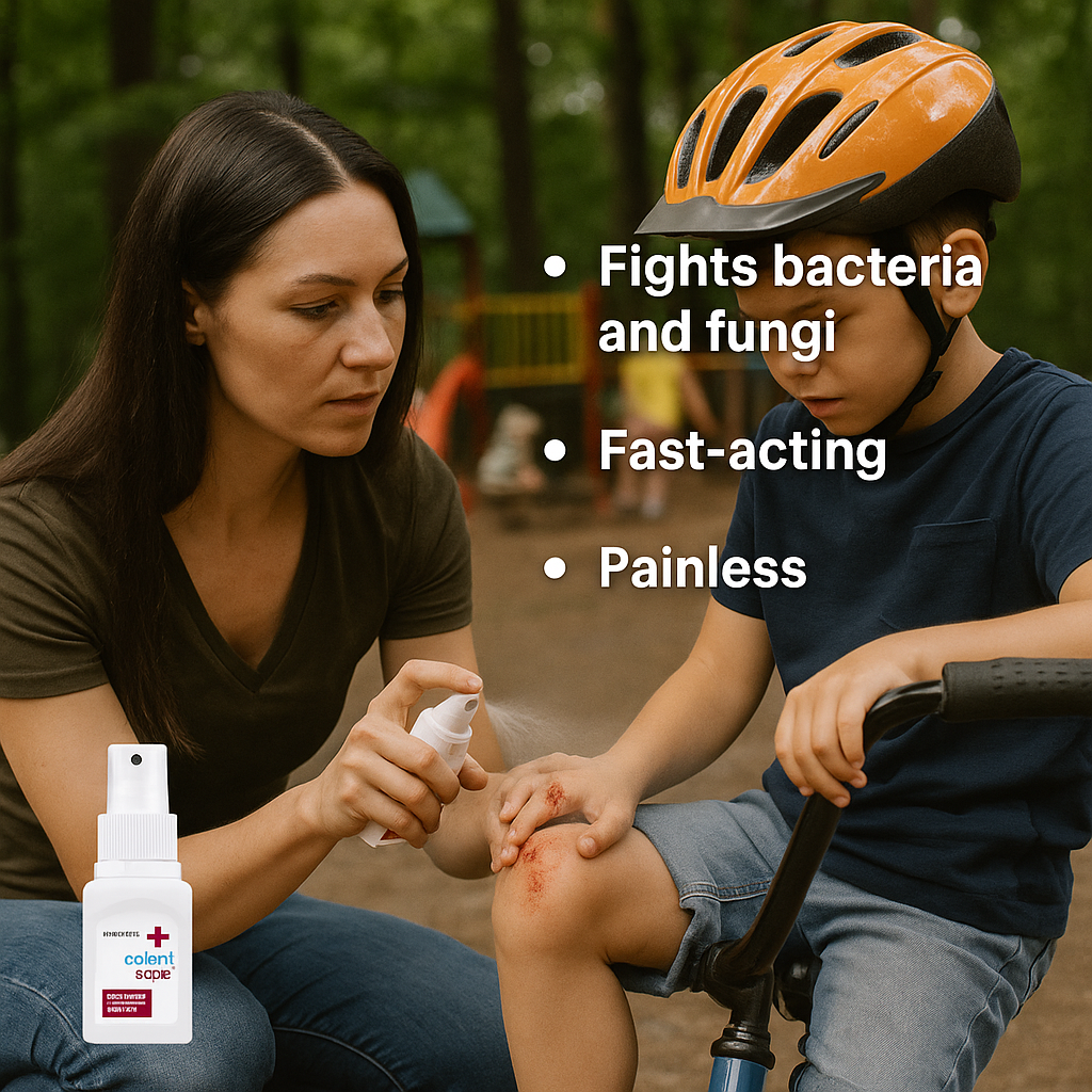 Octenisept Wound Antiseptic Spray mom spraying it on kids knee