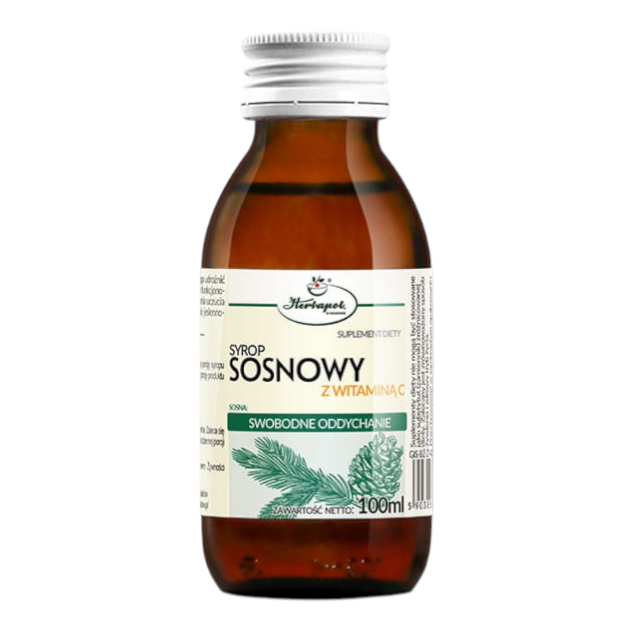 Bottle of Herbatol pine syrup with a white label on a white background