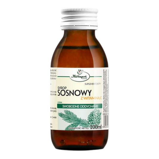 Bottle of Herbatol pine syrup with a white label on a white background
