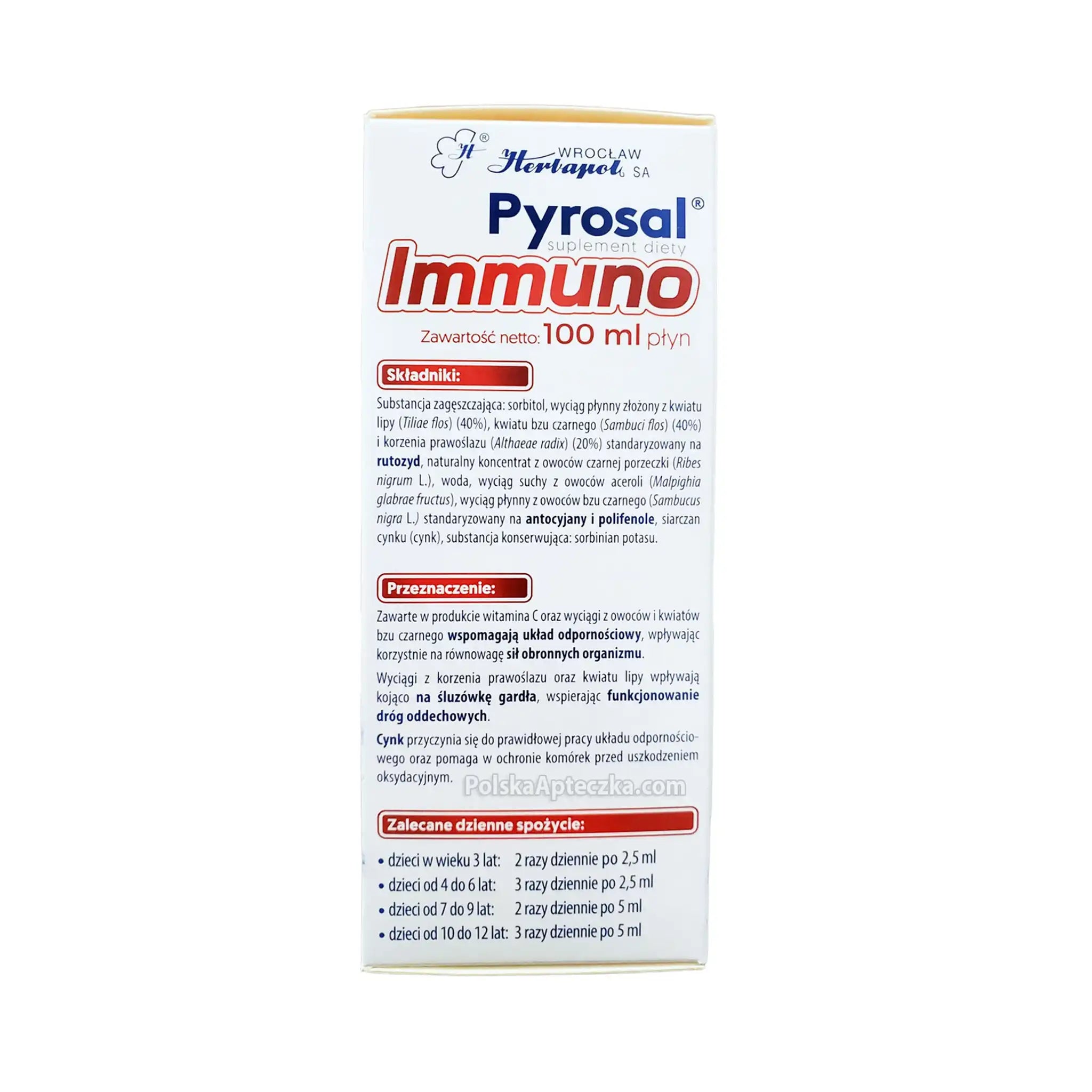 Pyrosal Immuno syrup packaging back – ingredients, directions, and immune system support details in Polish