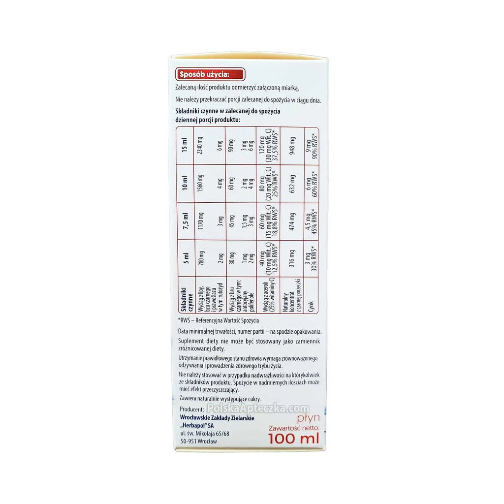 Pyrosal Immuno dosage and nutritional values table for children – linden, elderberry, vitamin C, and zinc per serving