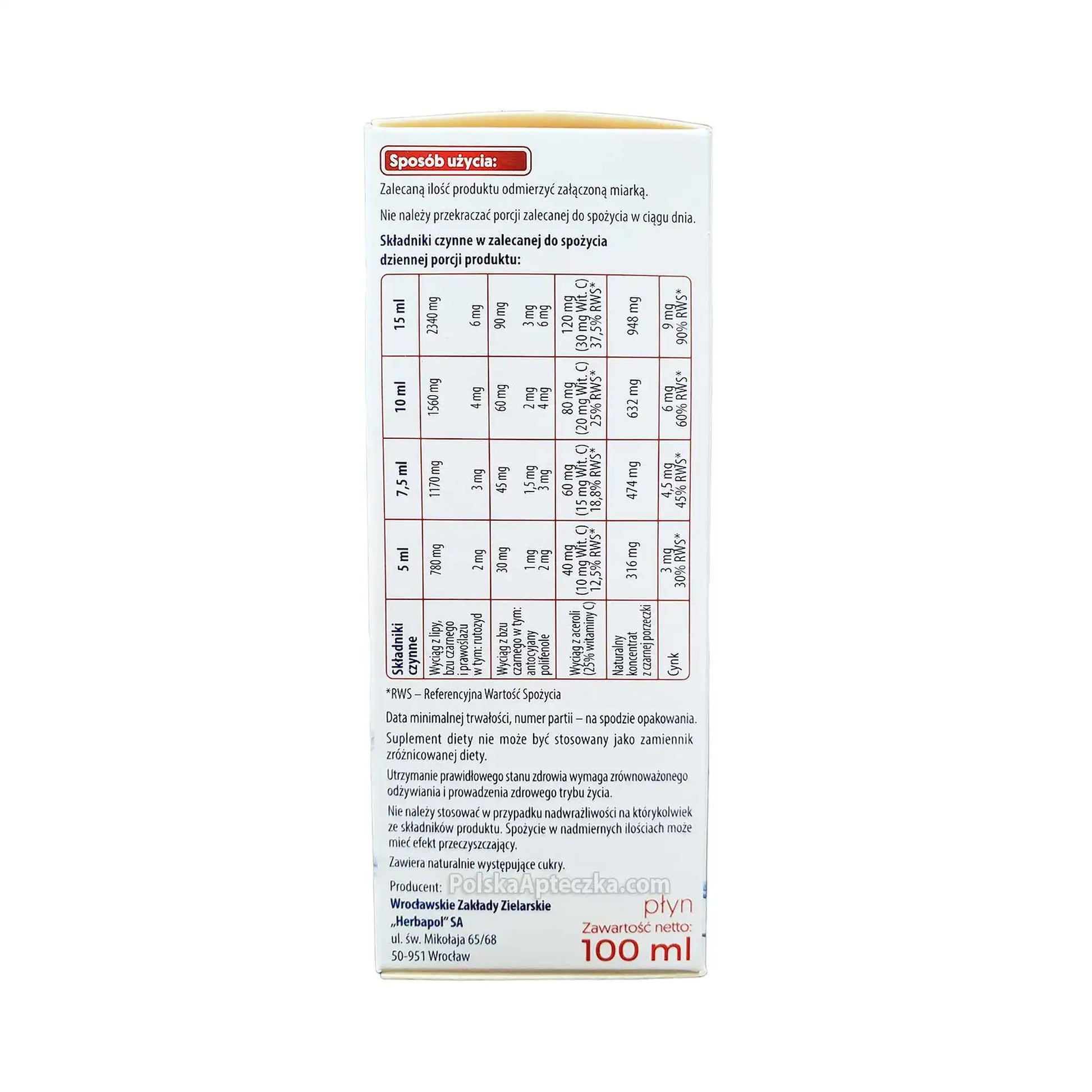 Pyrosal Immuno dosage and nutritional values table for children – linden, elderberry, vitamin C, and zinc per serving