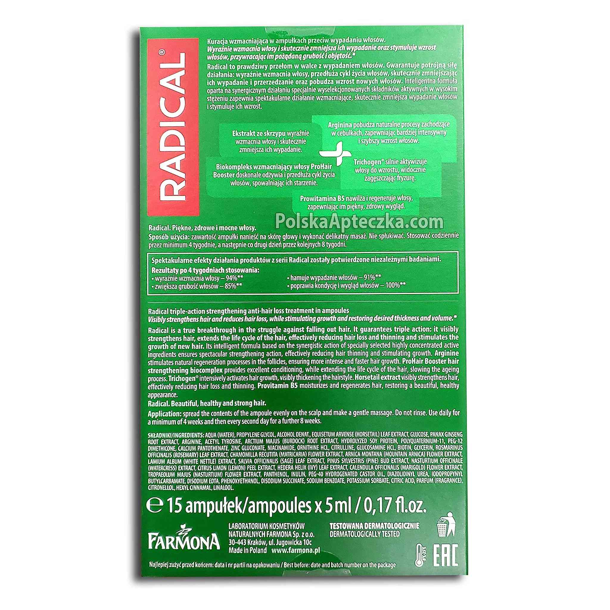 Radical Farmona Ampoules – Ingredients, Directions, and Product Information Back Panel