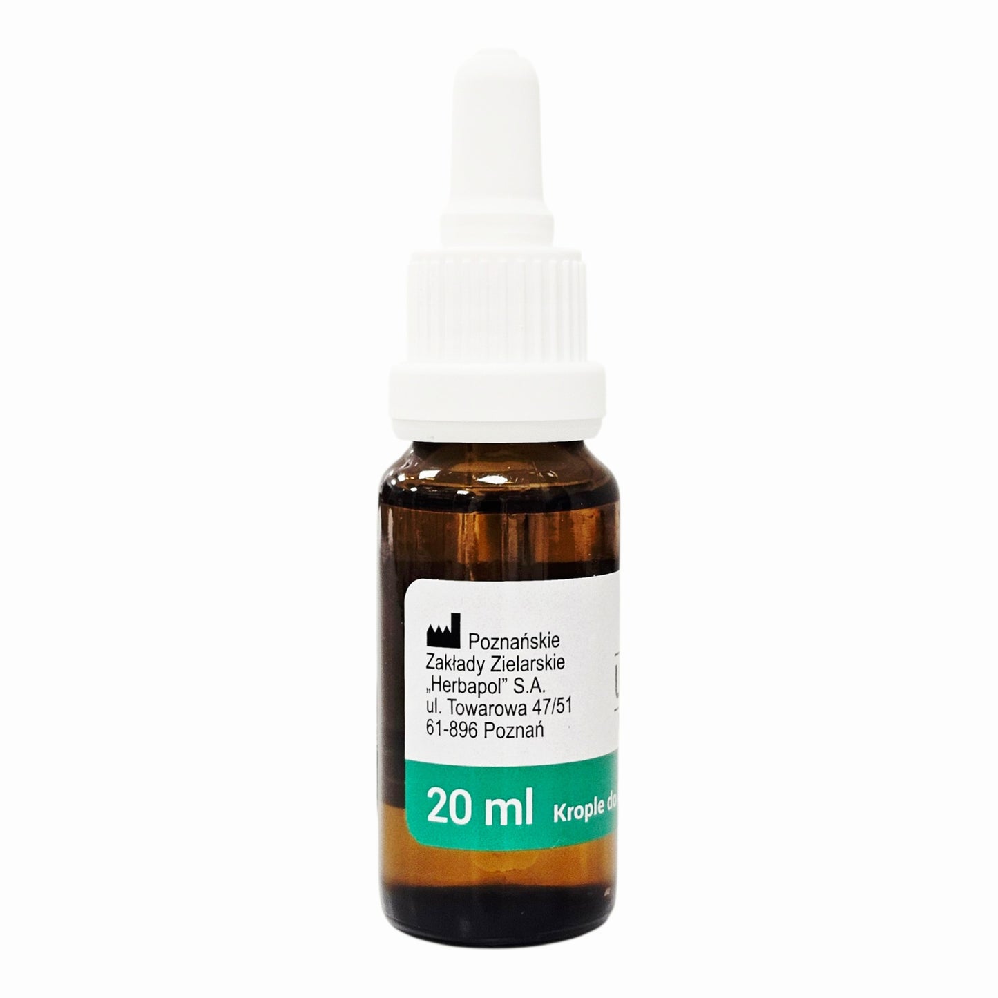 Bottle of medical or herbal liquid with a label on a white background