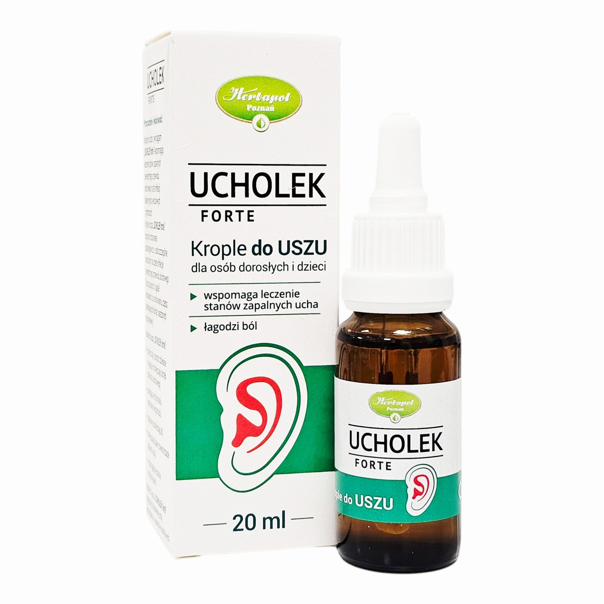 Ucholek Forte ear drops packaging with bottle and box on a white background
