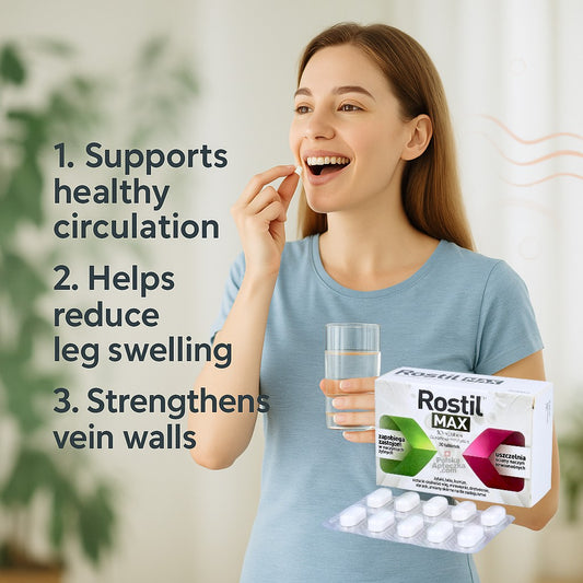 Woman holding Rostil Max supplement package with benefits listed on a light background