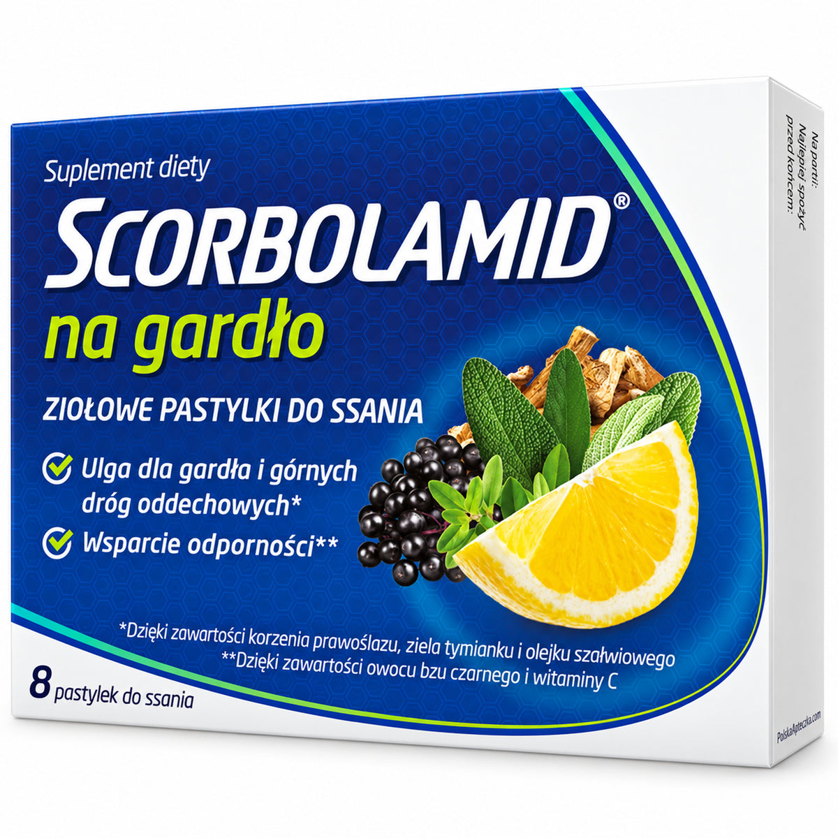 Scorbolamid Herbal Throat Lozenges with Vitamin C, 8 Lozenges – Polpharma | Scorbolamid na gardło, 8 ziołowych pastylek do ssania