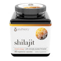 A bottle of Youtheory Shilajit dietary supplement with 60 vegetarian capsules, labeled for boosting energy and supporting bone health.