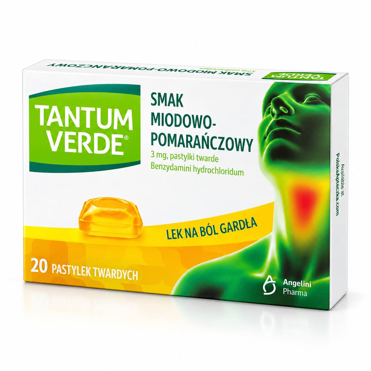 Tantum Verde honey-orange 3 mg benzydamine, 20 lozenges – smak miodowo-pomarańczowy, 20 pastylek