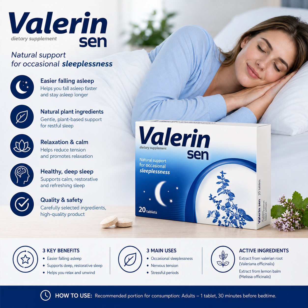 Valerin Sen 20 Tablets Advanced Sleep Support and Relaxation - Apteczka | Proton Nutrition
