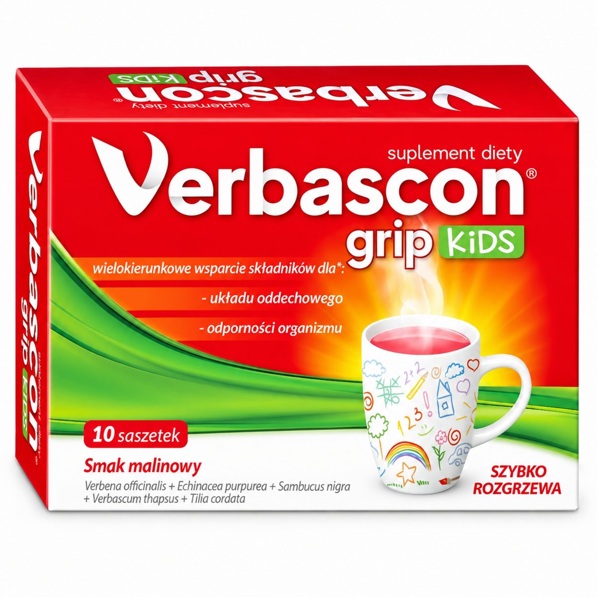 Verbascon Grip Kids raspberry herbal drink, 10 x 5 g sachets – Polski Lek | Verbascon Grip Kids, smak malinowy, 10 saszetek po 5 g – Polski Lek