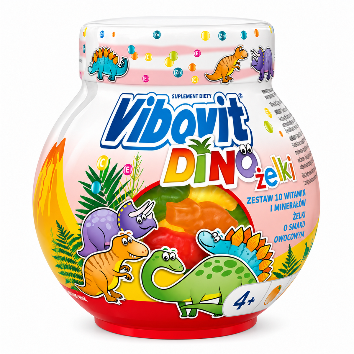 Vibovit Dino 50 fruit-flavored multivitamin gummies on a white background