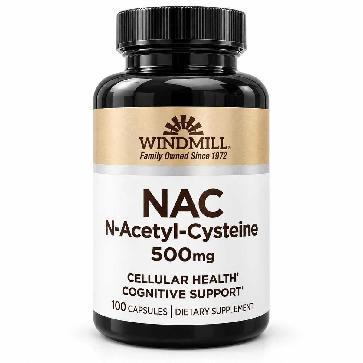 Windmill NAC N-Acetyl-Cysteine 500 mg, 100 capsules, front label / Windmill NAC 500 mg, 100 kapsułek, przód opakowania
