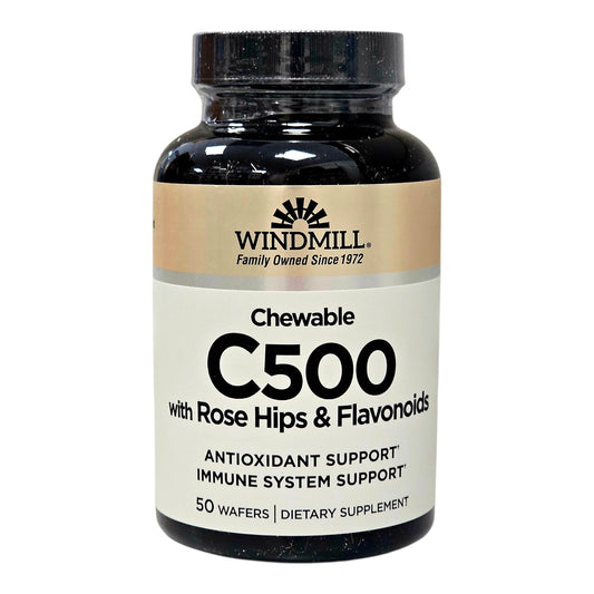 windmill chewable vitamin c 500mg with rose hips flavonoids 50 wafers front bottle