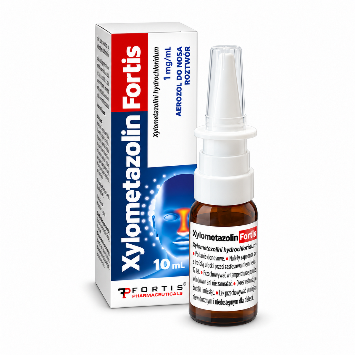 Xylometazolin Fortis 1 mg/mL nasal spray, 10 mL bottle and box