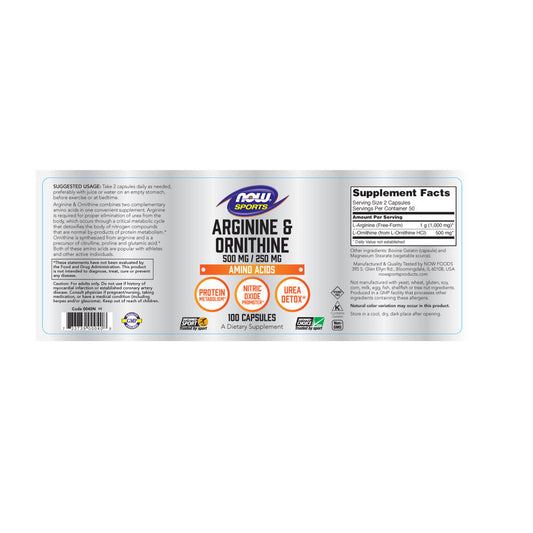 Arginine & Ornithine 500/250 mg, Amino Acids, 100 Veg Capsules