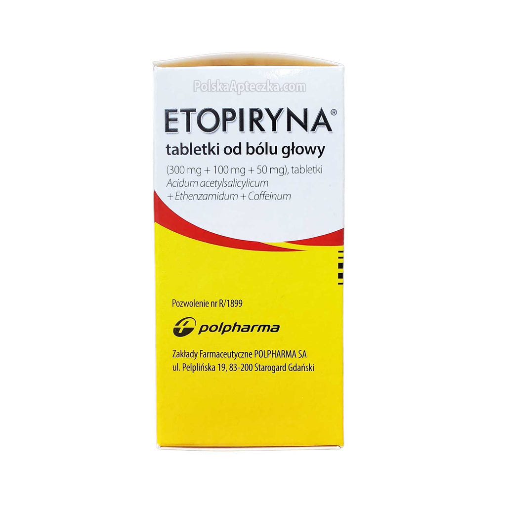 Etopiryna 50 tablet bottle and box for headache relief with aspirin, etenzamide, and caffeine ingredients