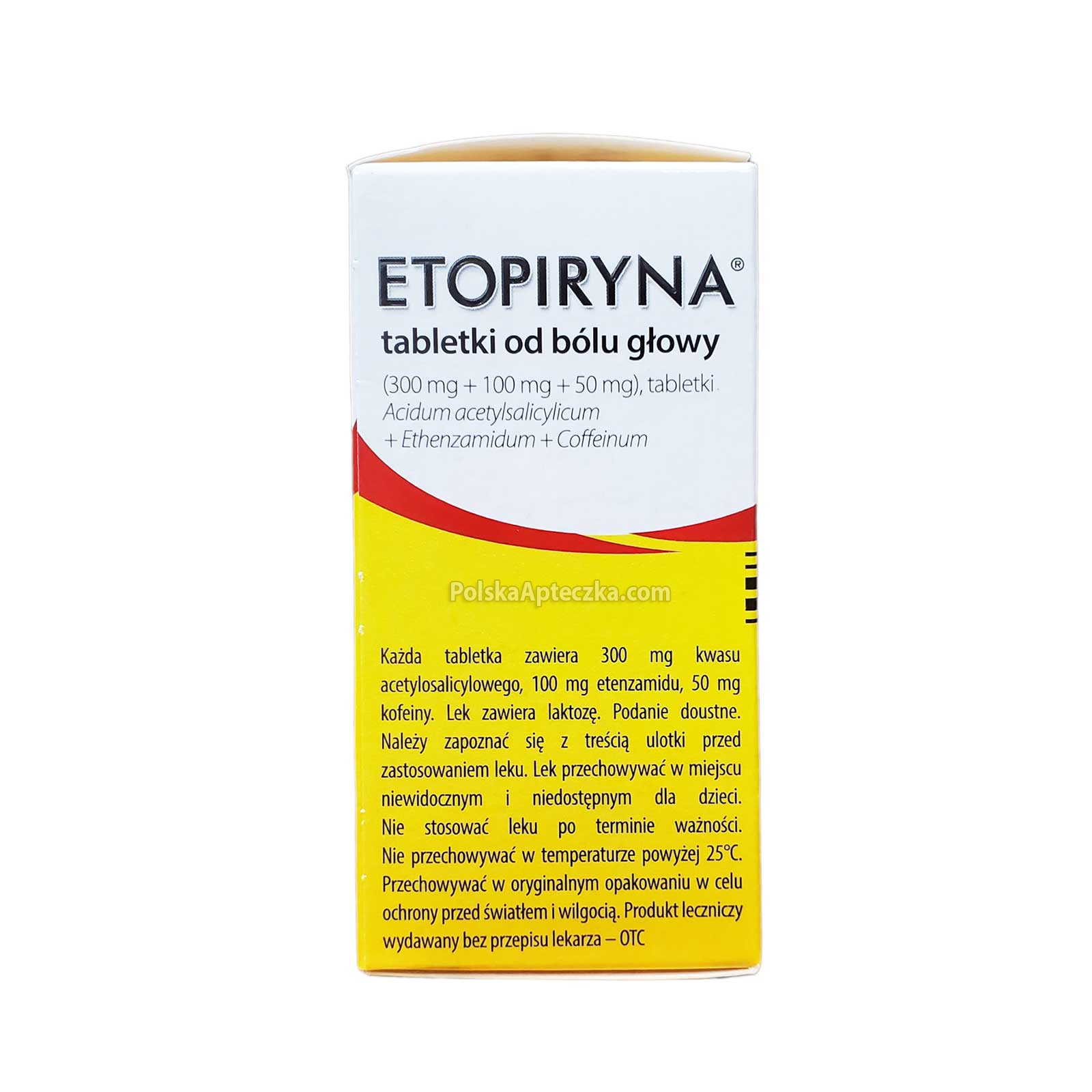 Etopiryna 50 tablet bottle and box for headache relief with aspirin, etenzamide, and caffeine side