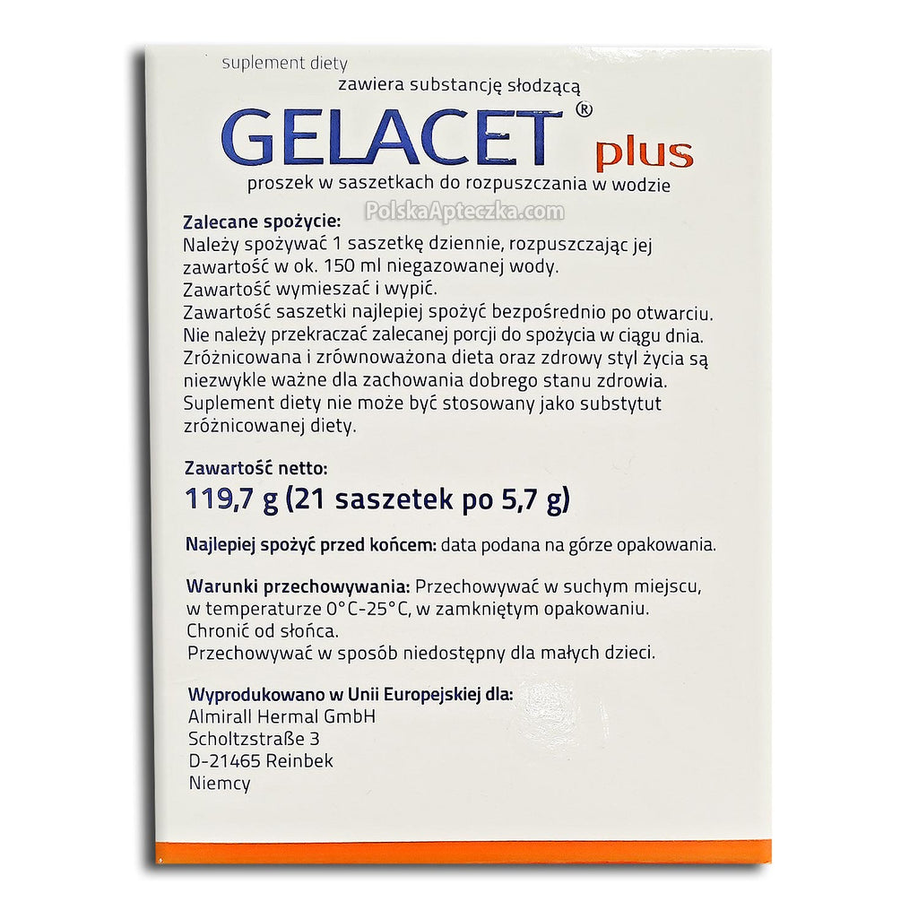 Gelacet Plus Collagen & Vitamin Powder for Solution 21 Sachets ingredients instructions