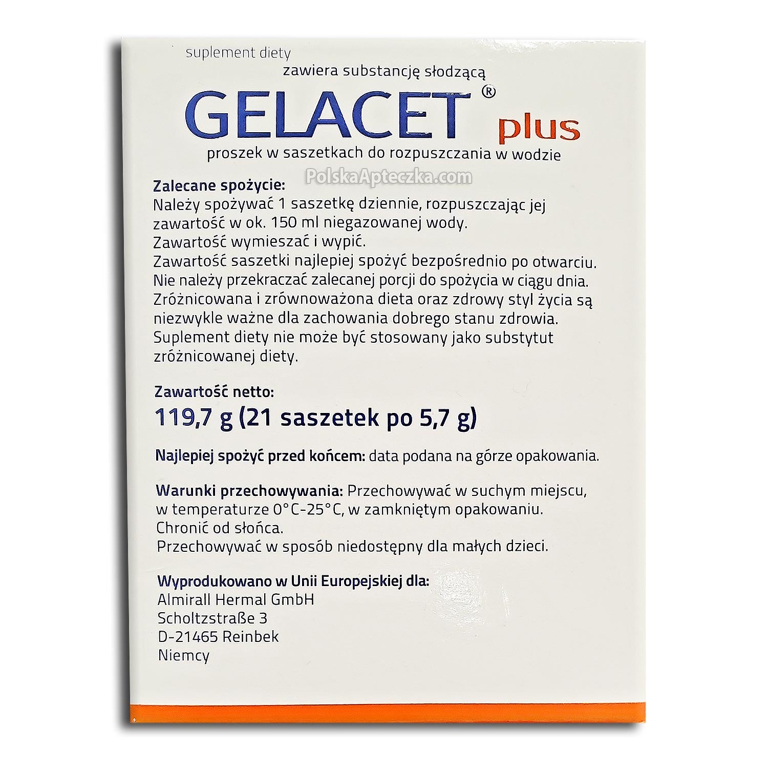 Gelacet Plus Collagen & Vitamin Powder for Solution 21 Sachets ingredients instructions