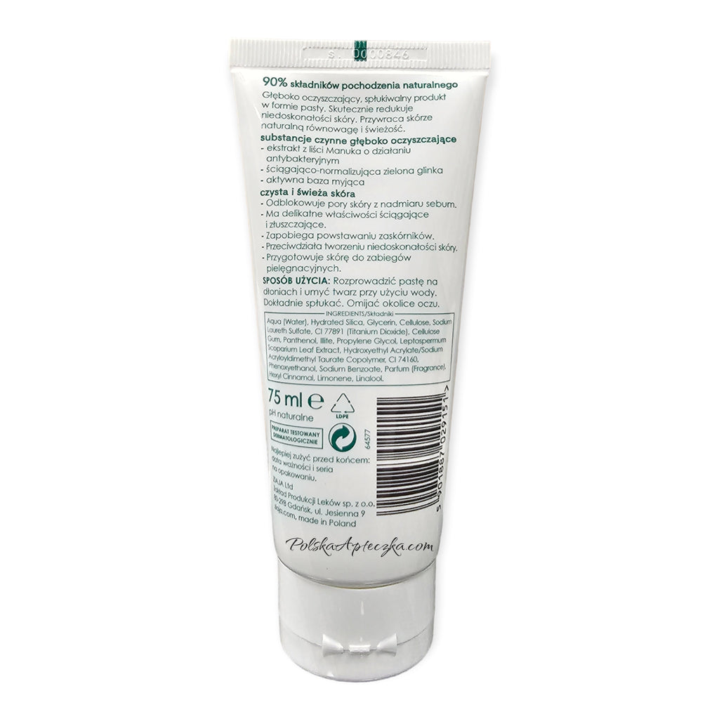 Ziaja, Oczyszczanie skóry normalnej, tłustej i mieszanej liście manuka pasta do głębokiego oczyszczania twarzy 75ml
