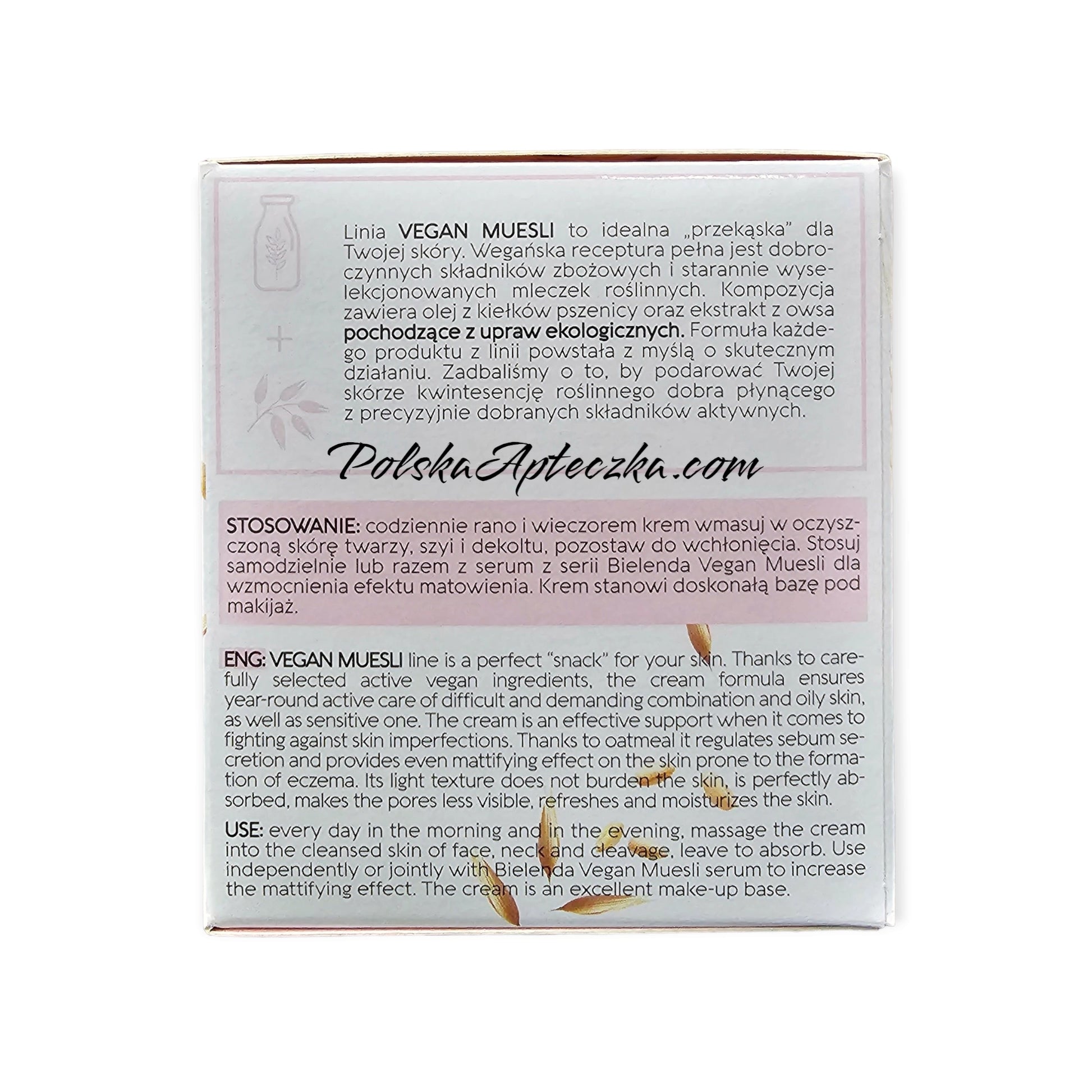 Bielenda, Vegan Muesli, krem matujący owies, prszenica, mleczko ryżowe na dzien i noc 50 g