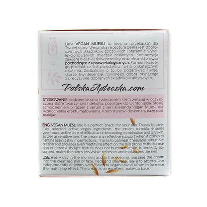 Bielenda, Vegan Muesli, krem matujący owies, prszenica, mleczko ryżowe na dzien i noc 50 g
