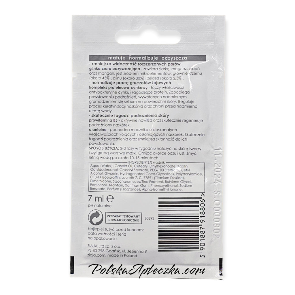 Ziaja Purifying Face Mask with Grey Clay for Oily and Acne-Prone Skin 7ml - Apteczka | Proton Nutrition