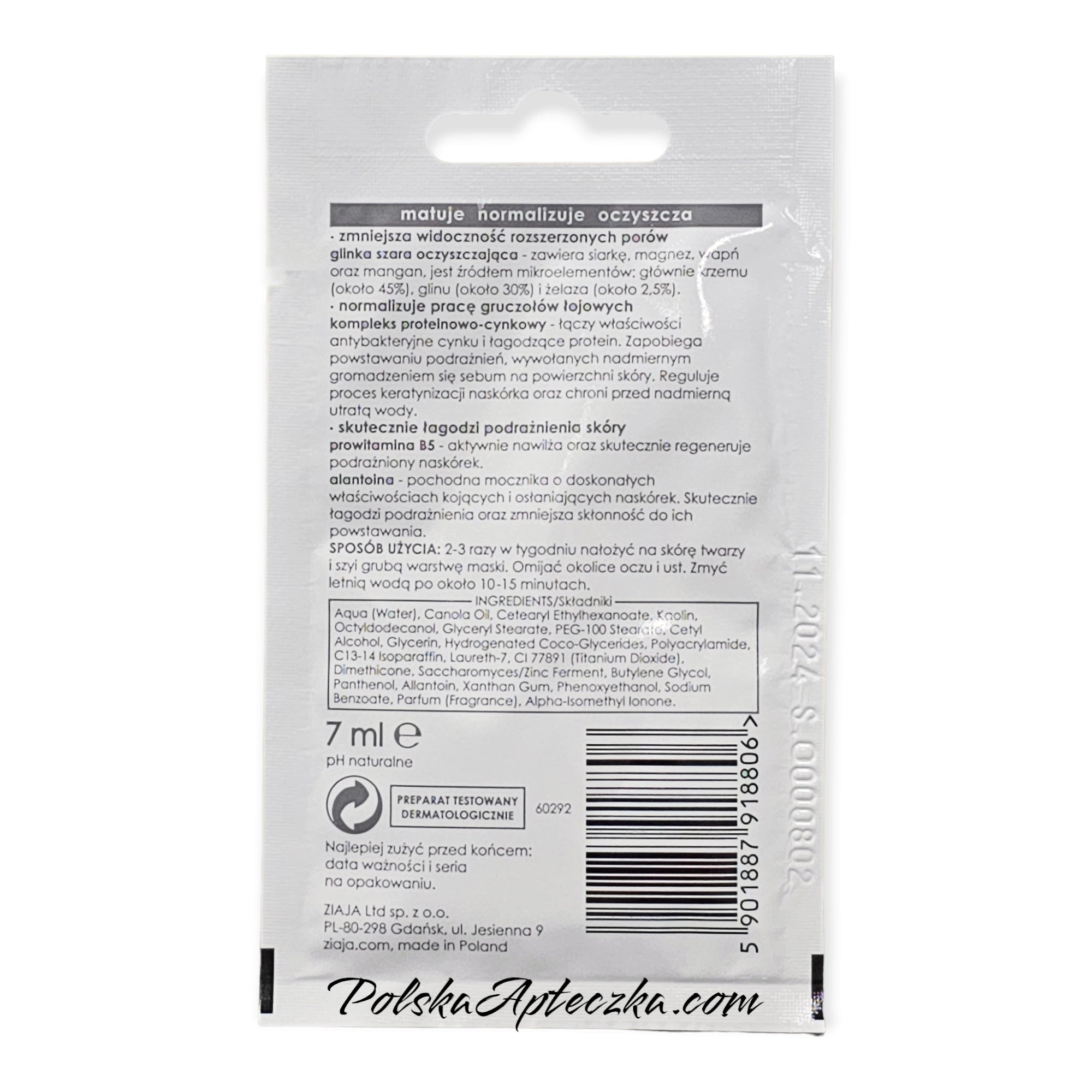 Ziaja Purifying Face Mask with Grey Clay for Oily and Acne-Prone Skin 7ml - Apteczka | Proton Nutrition