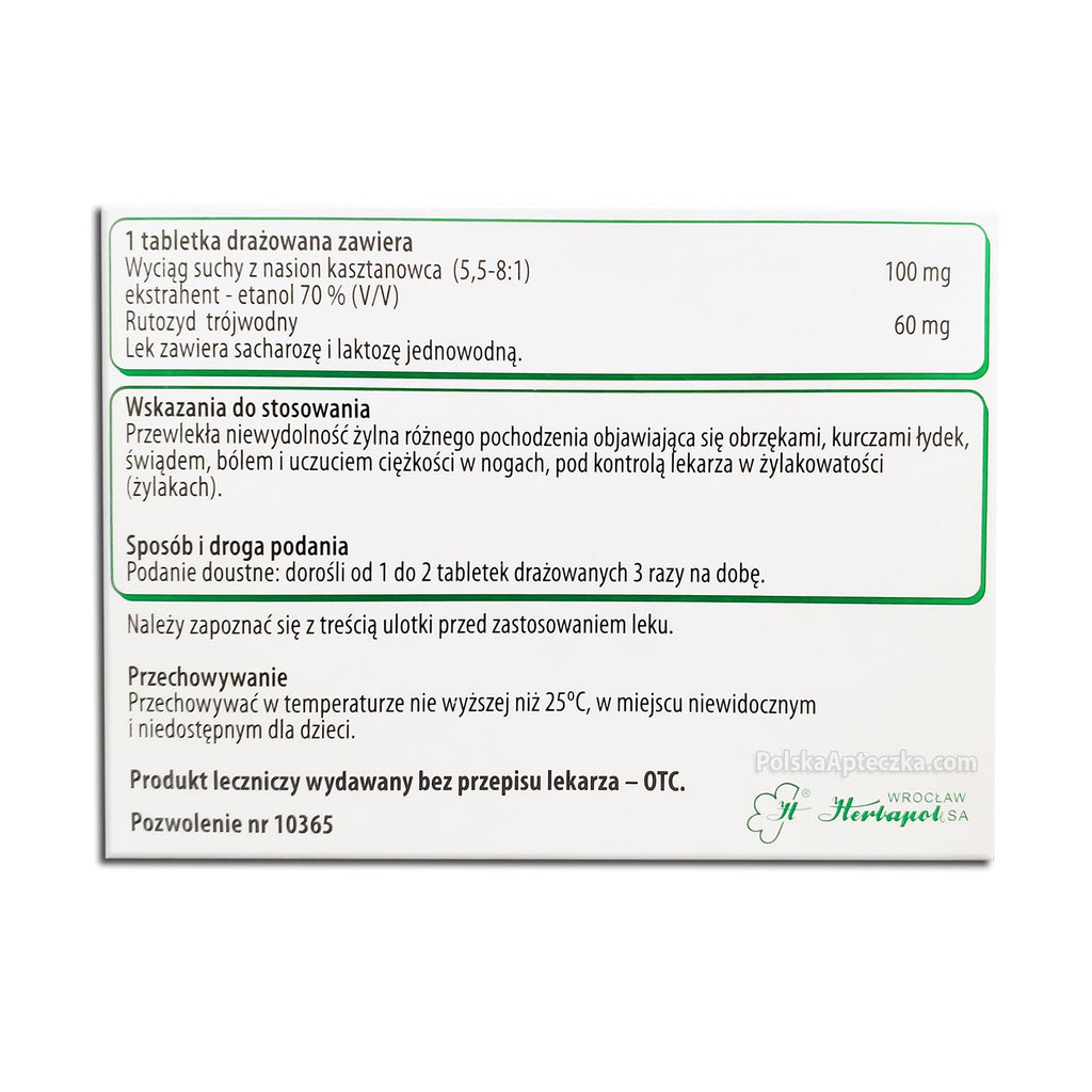 Venescin Forte 30 Tablets Herbapol supplement for leg vein support back