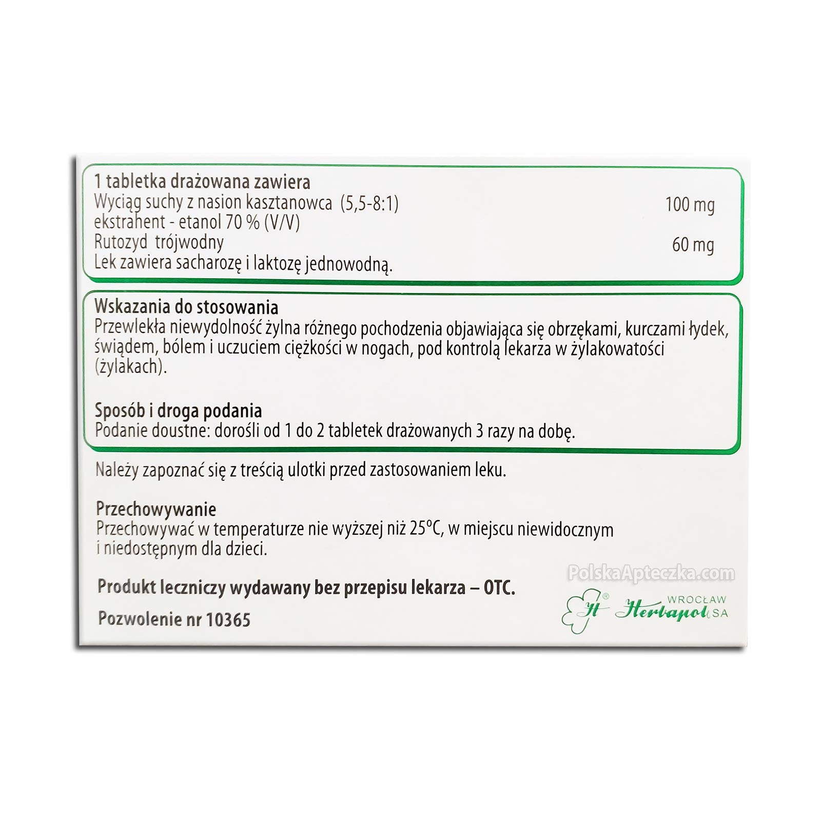 Venescin Forte 30 Tablets Herbapol supplement for leg vein support back