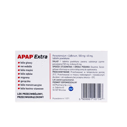 Apap Extra, lek przeciwbólowy i przeciwgorączkowy, 24 tabletek