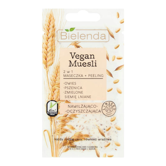 Bielenda, Vegan Muesli, 2 w 1  Maseczka nawilżająca + peeling oczyszczajacy owies + pszenica + siemie lnianie 8 ml