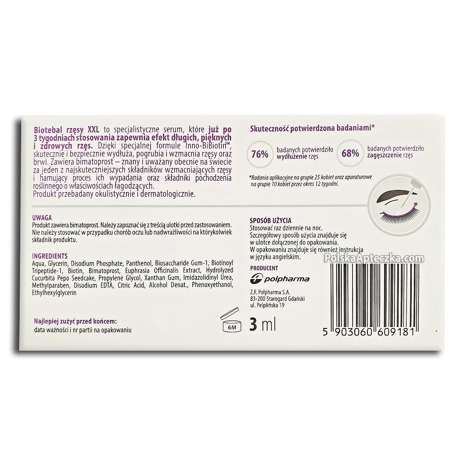 Biotebal Rzęsy XXL eyelash growth serum box and applicator for longer thicker lashes back