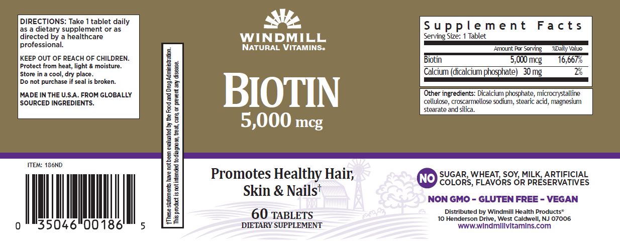 Biotin 5,000mcg (5mg), 60 tabletek, Windmill