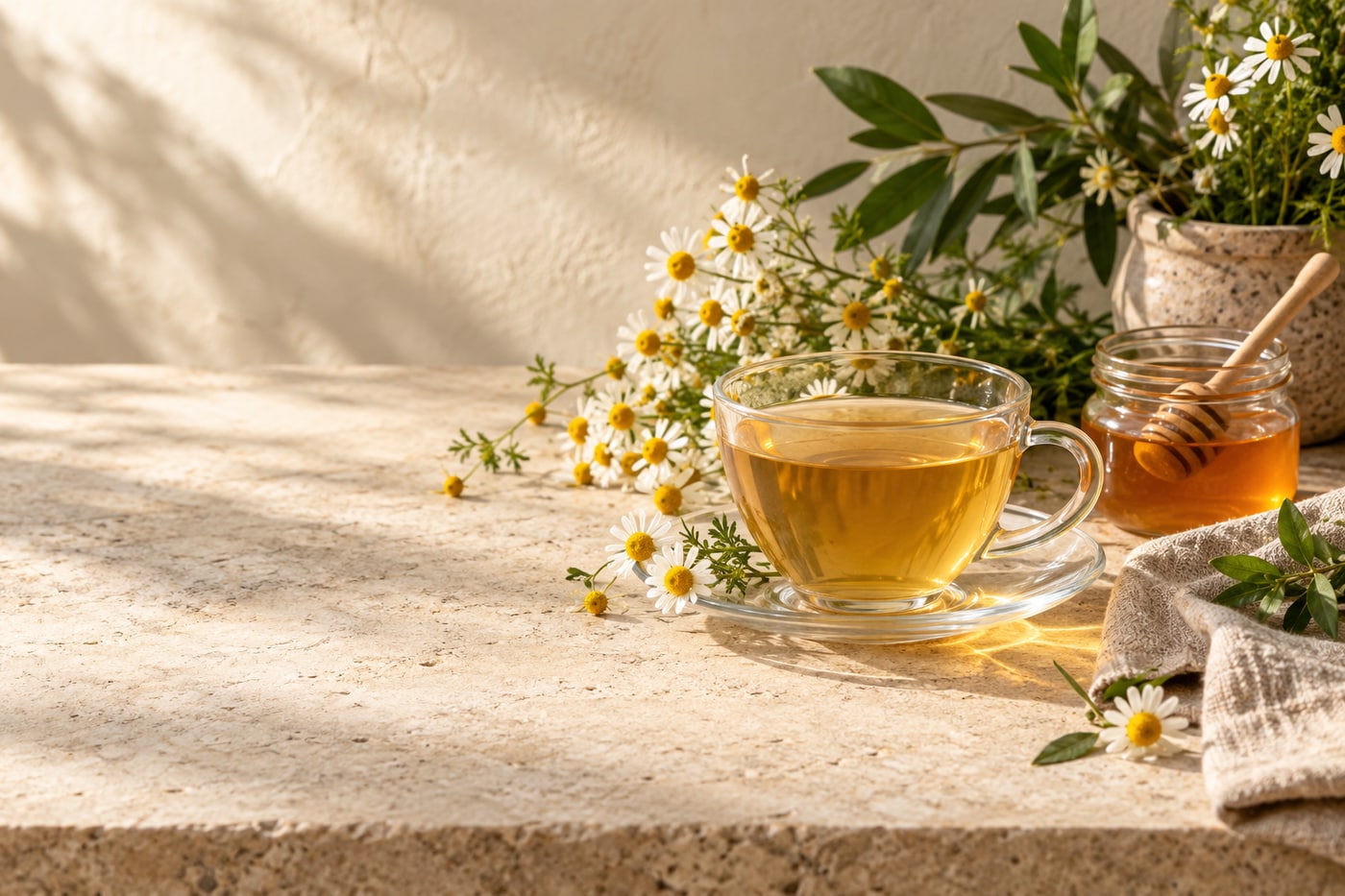 Herbal tea, honey, and chamomile in warm natural light