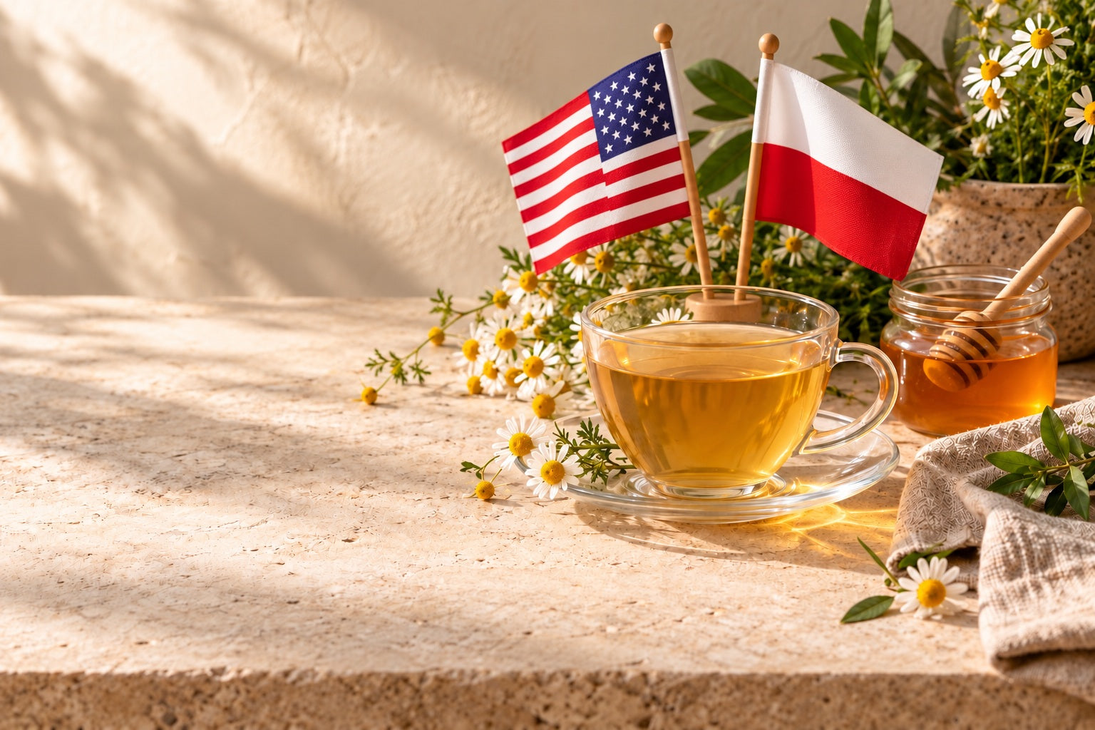 Herbal tea, honey, and chamomile in warm natural light