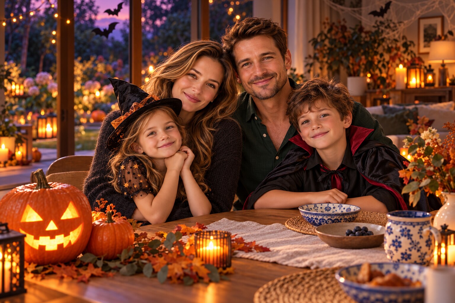 A family celebrating Halloween with glowing pumpkins and traditional Polish pottery in a cozy European home